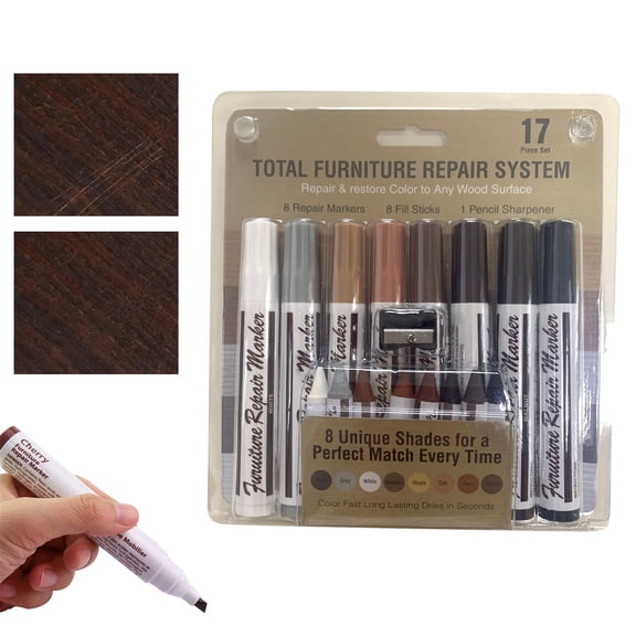 Furniture Scratch Repair Kit (8 Paint Pens 8 Wax Crayons Sharpener) - Wood Floor Marker & Touch Up Pen Set for Furniture, Waterproof & Odorless