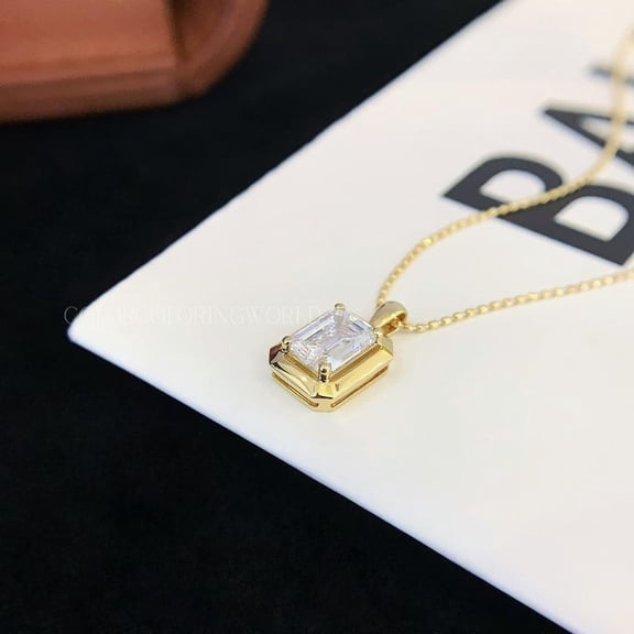 1.00 Ct YG Plated Sterling Silver Emerald Cut Lab Grown Diamond Solitaire Necklace for Women