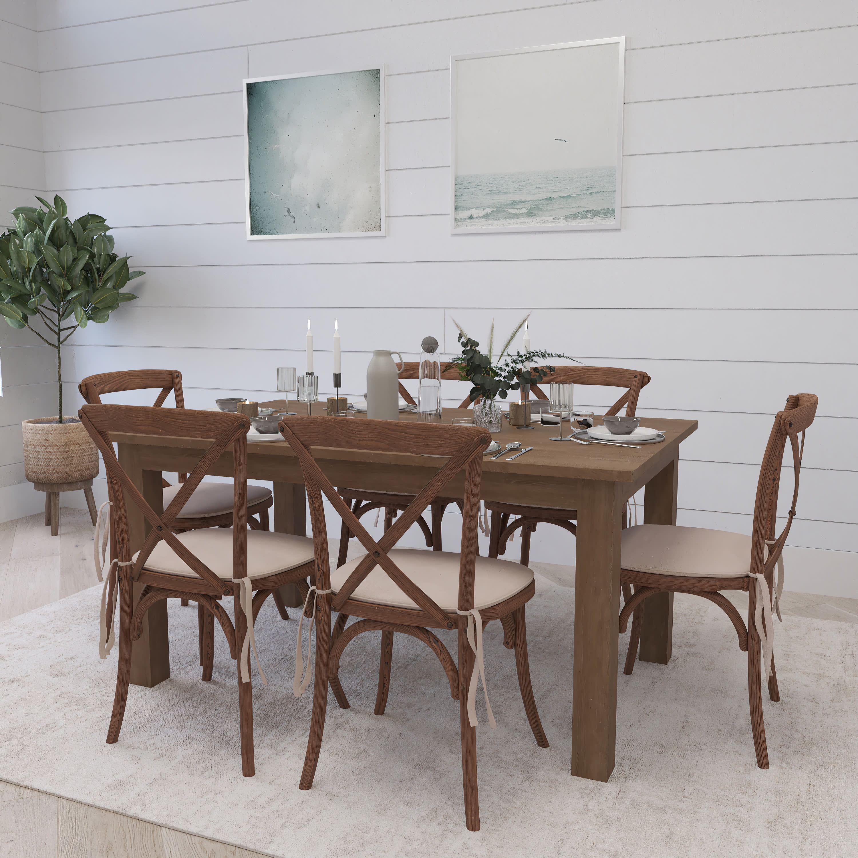 Merrick Lane 7 Piece Dining Set 60" x 38" Farmhouse Pinewood Dining