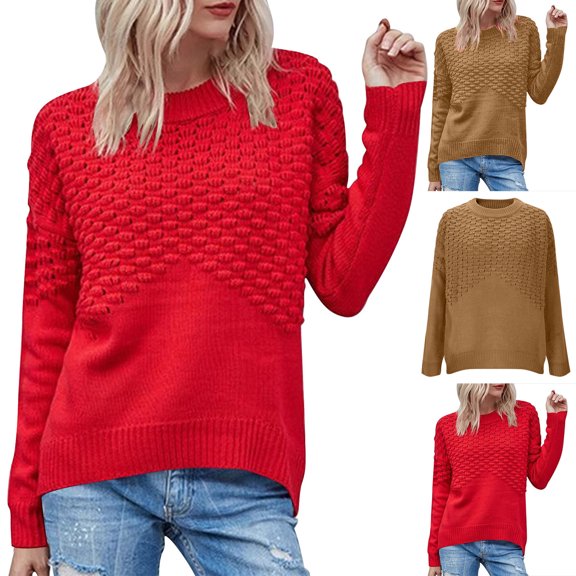 Ashirexll Pullover Sweaters for Women Winter Sweaters Solid Color Long Sleeve Round Neck Knitted Acrylic Sweater Tops Soft Warm