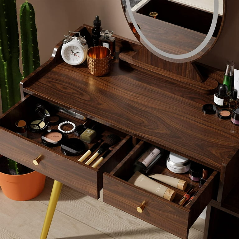 Cozy Castle Vanity Desk with Lighted Mirror Dressing Table Without Chair Makeup Vanity Table with Drawers and Adjustable Cabinet for Makeup Room