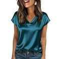 thumbnail image 2 of Women Silk Satin Cap Short Sleeve Blouse Tops V Neck Shirts Business Casual Tshirts Dark Blue XL, 2 of 6