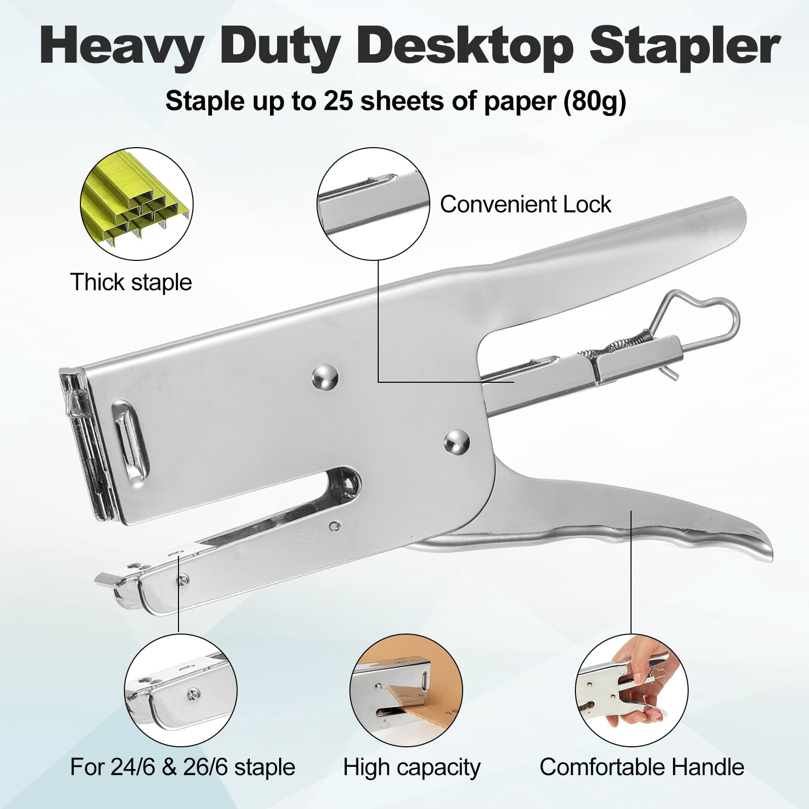 Desktop Stapler Heavy Duty, 1 Set Handheld Plier Stapler No Jam with Staples Remover and 2000 Yellow & Black 26/6 Staples Set for Office Supplies Workplace Paperwork Cardboard, Silver