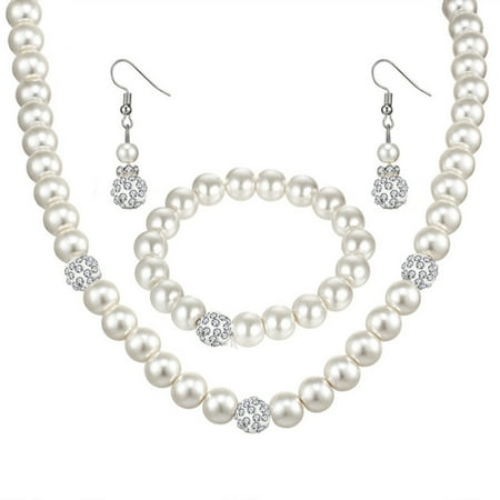 - Fashion Personality Pearl Jewelry Set Necklace Earrings Bracelet for Women Wedding Engagement