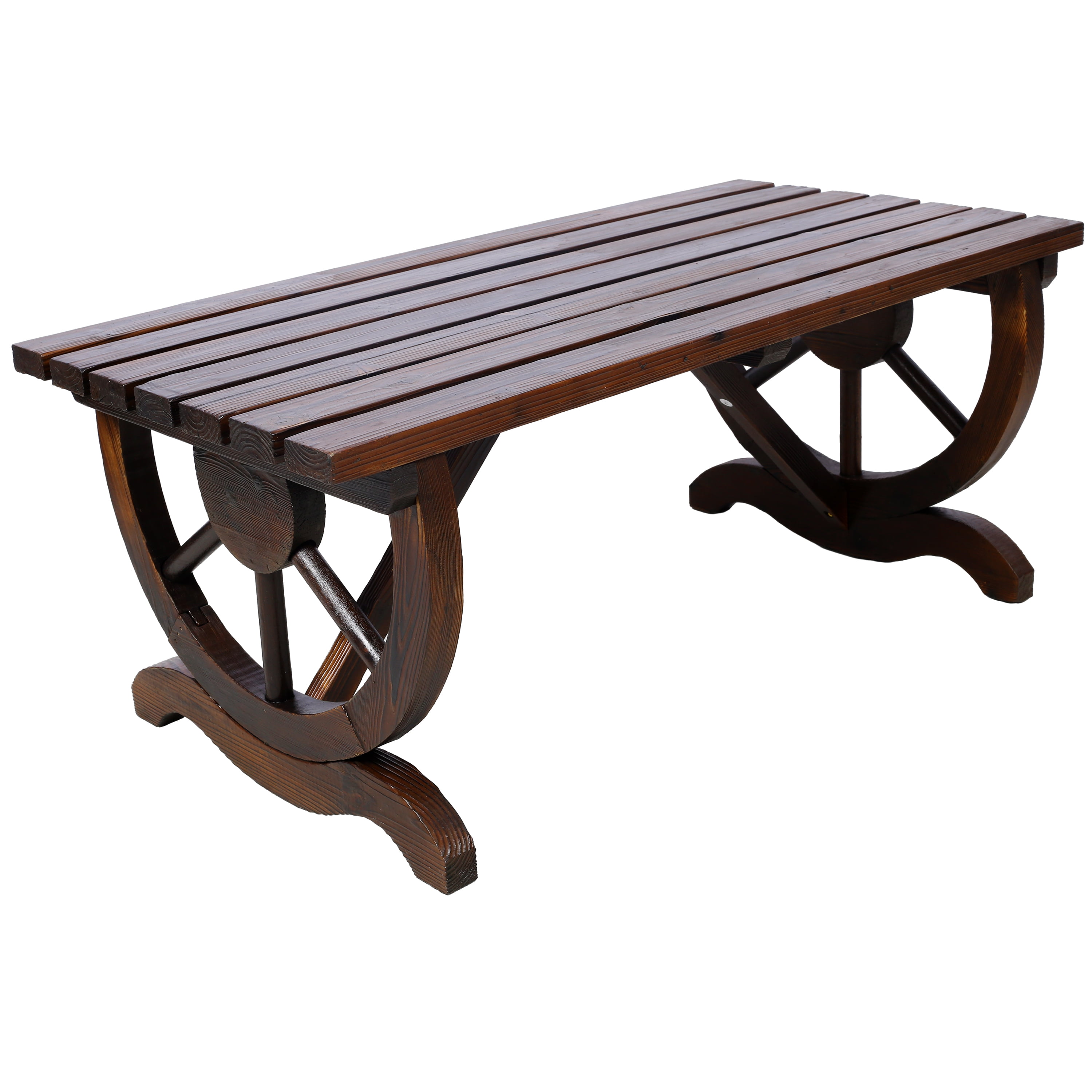 Outdoor Rustic Wooden Bench with Wagon Wheel Legs, 2 People Outdoor Bench Garden Bench Front Porch Furniture Patio Lawn Yard Park, Indoor and Outdoor Decor