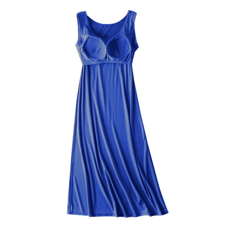 Nightgowns for Women Built in Bra Sleeveless Midi Pajama Dress Sleepwear  Lounge Long Dresses Solid Color Homewear (Medium, Blue)