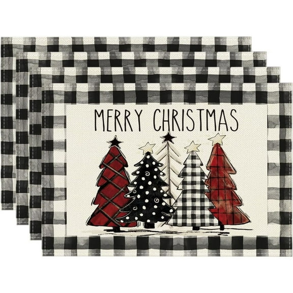 Waterclor Buffalo Plaid Christmas Trees Placemats Set of 4, 12x18 Inch Winter Table Mats for Outdoor Home Party Kitchen Dining Decor