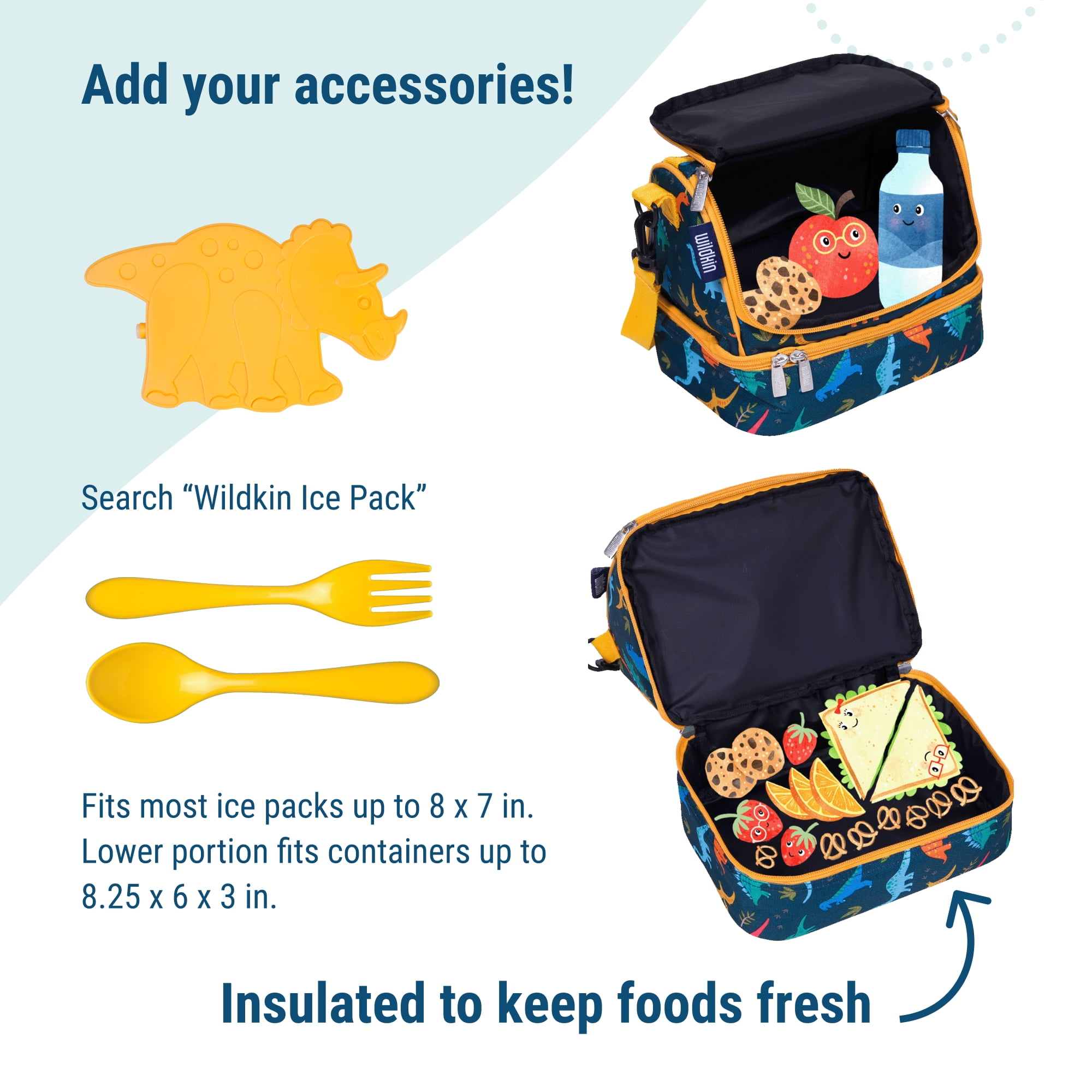 Wildkin Two Compartment Insulated Reusable Kids Lunch Bag for Boys & Girls, BPA Free, Includes Shoulder Strap (Jurassic Dinosaurs Blue)