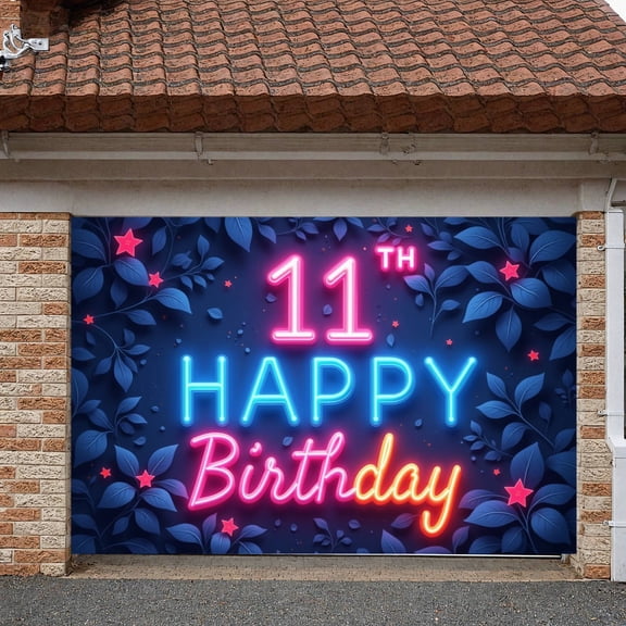 Neon Happy 11th Birthday Banner Glow Effect 11th Birthday Display Leaf Pattern Star Decoration Neon Birthday Backdrop for 11th Birthday Party Kids Birthday Photo Shoot