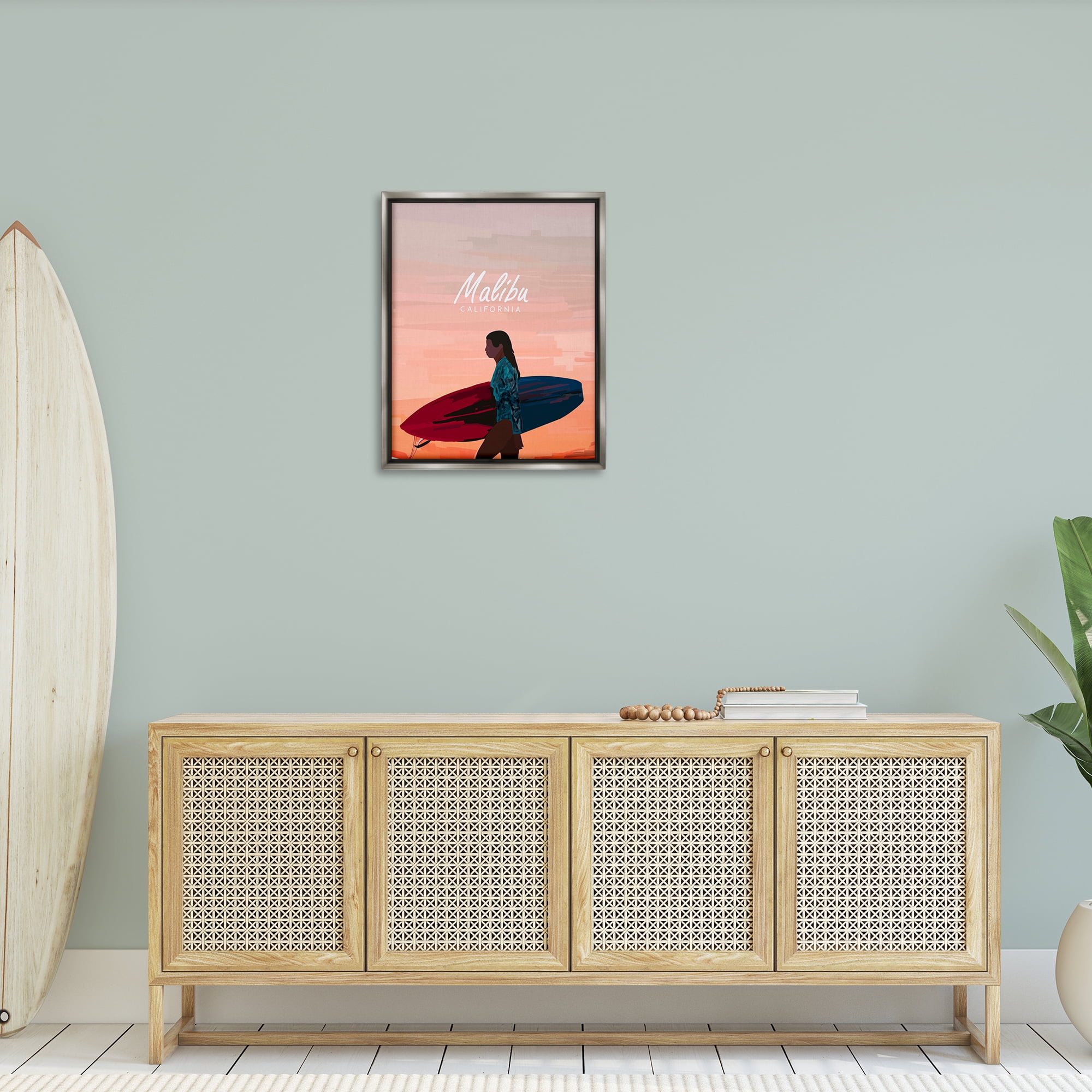 Stupell Industries Malibu Surfer Girl Sports Painting Gray Floater Framed Canvas Art Print Wall Art, 25 x 31