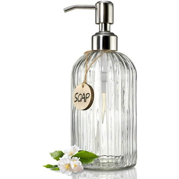 18 Oz Clear Glass Soap Dispenser with Rust Proof Stainless Steel Pump, Refillable Liquid Hand soap Dispenser for Bathroom, Premium Kitchen Soap Dispenser (Clear)