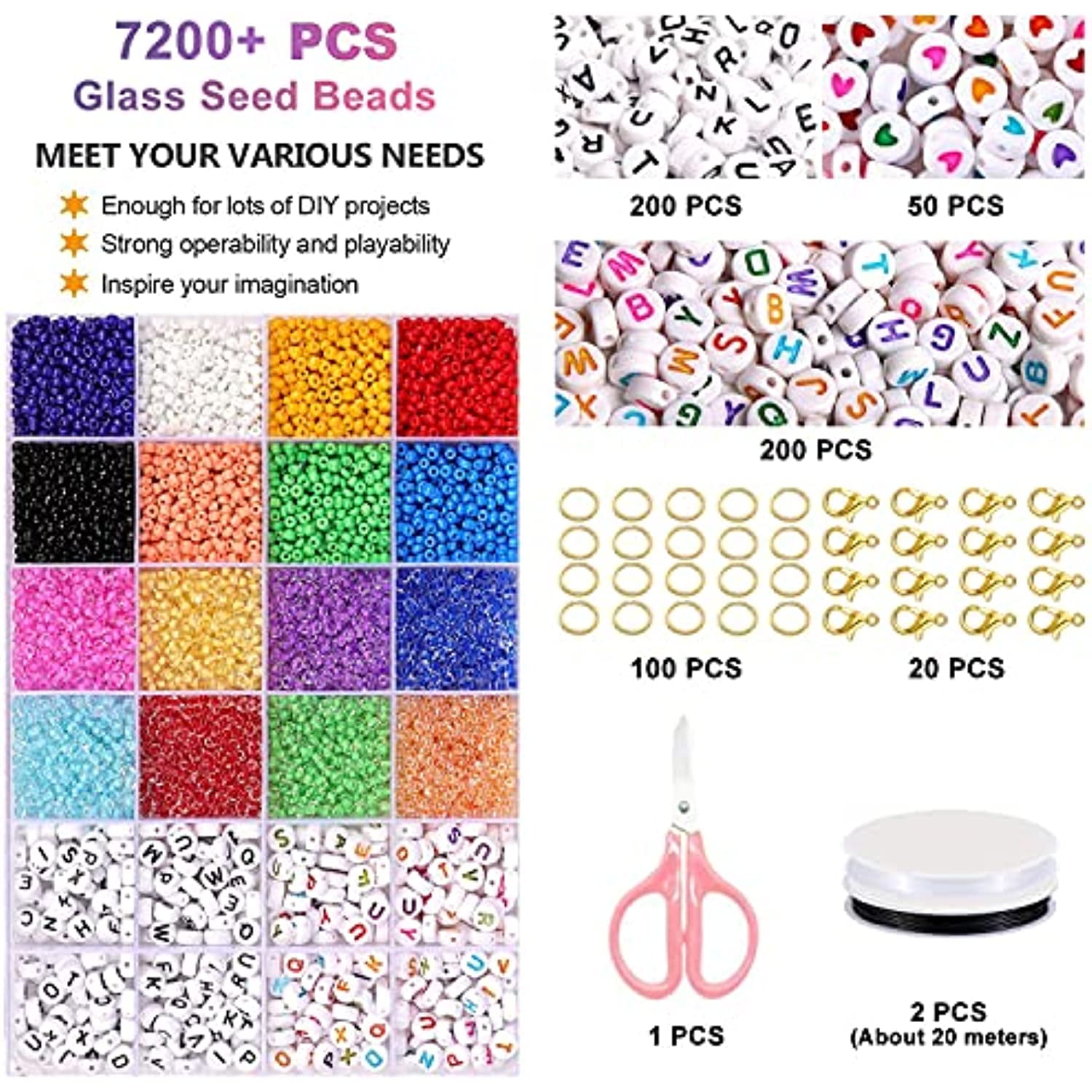 7000PCS 3mm Glass Seed Beads Bracelets Making Kit，400pcs Alphabet Letter  Beads for Jewelry Making and Crafts with Elastic String Cords，Pendants
