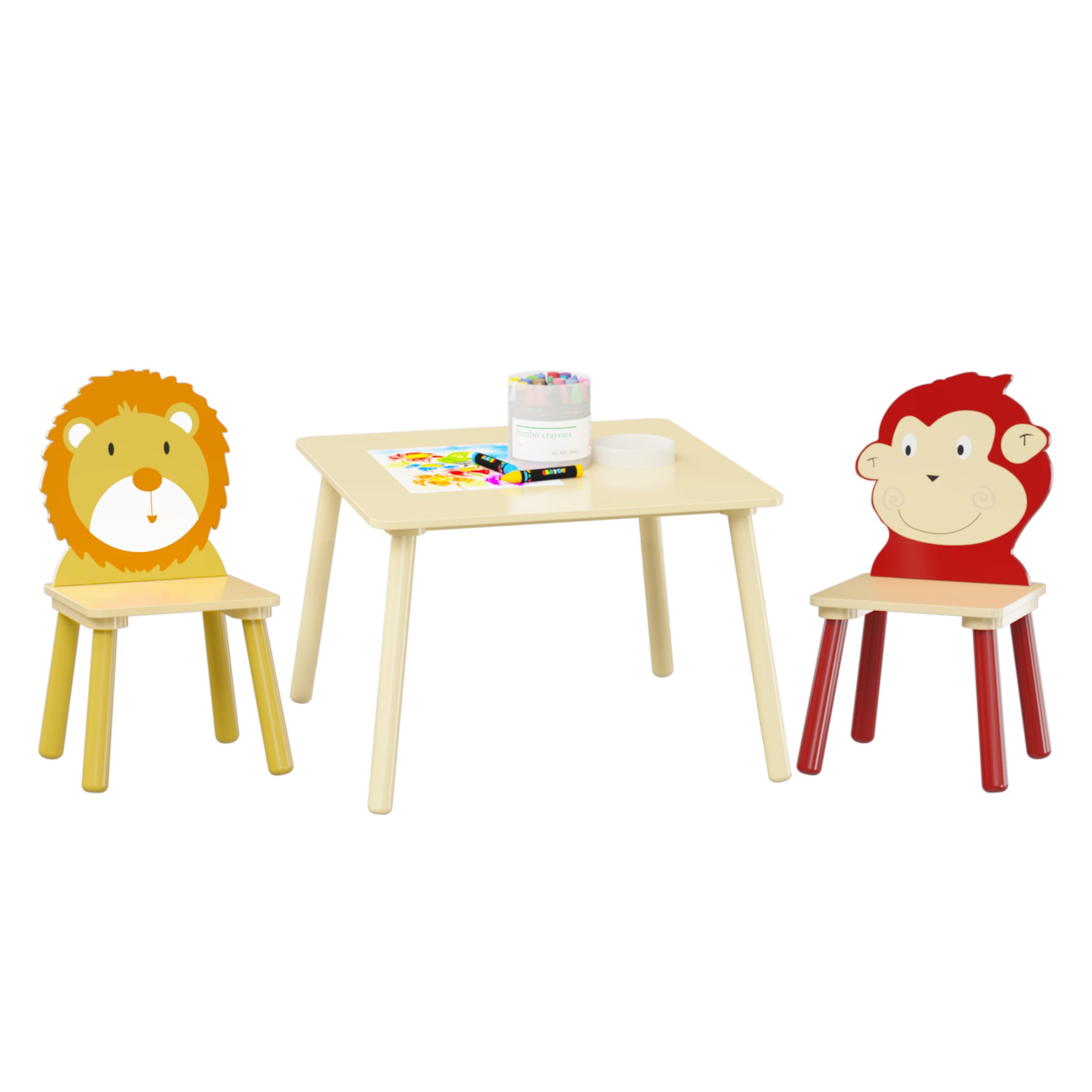 3 Piece Kids Table and Chair Set , Toddler Wood Table with 2 Chairs Set Cartoon Animals, Lion & Monkey