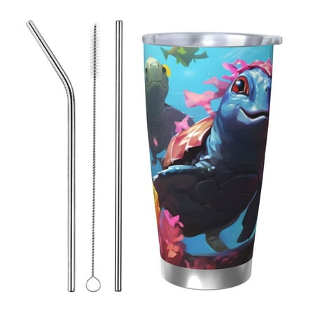 

Susaid Lively Cute Turtle Print 20oz Car Cup Insulated Coffee Cup Fully Spill Proof Travel Coffee Mug Stainless Steel Tumbler for Work Home Outdoor Car-Straw Three-piece Set