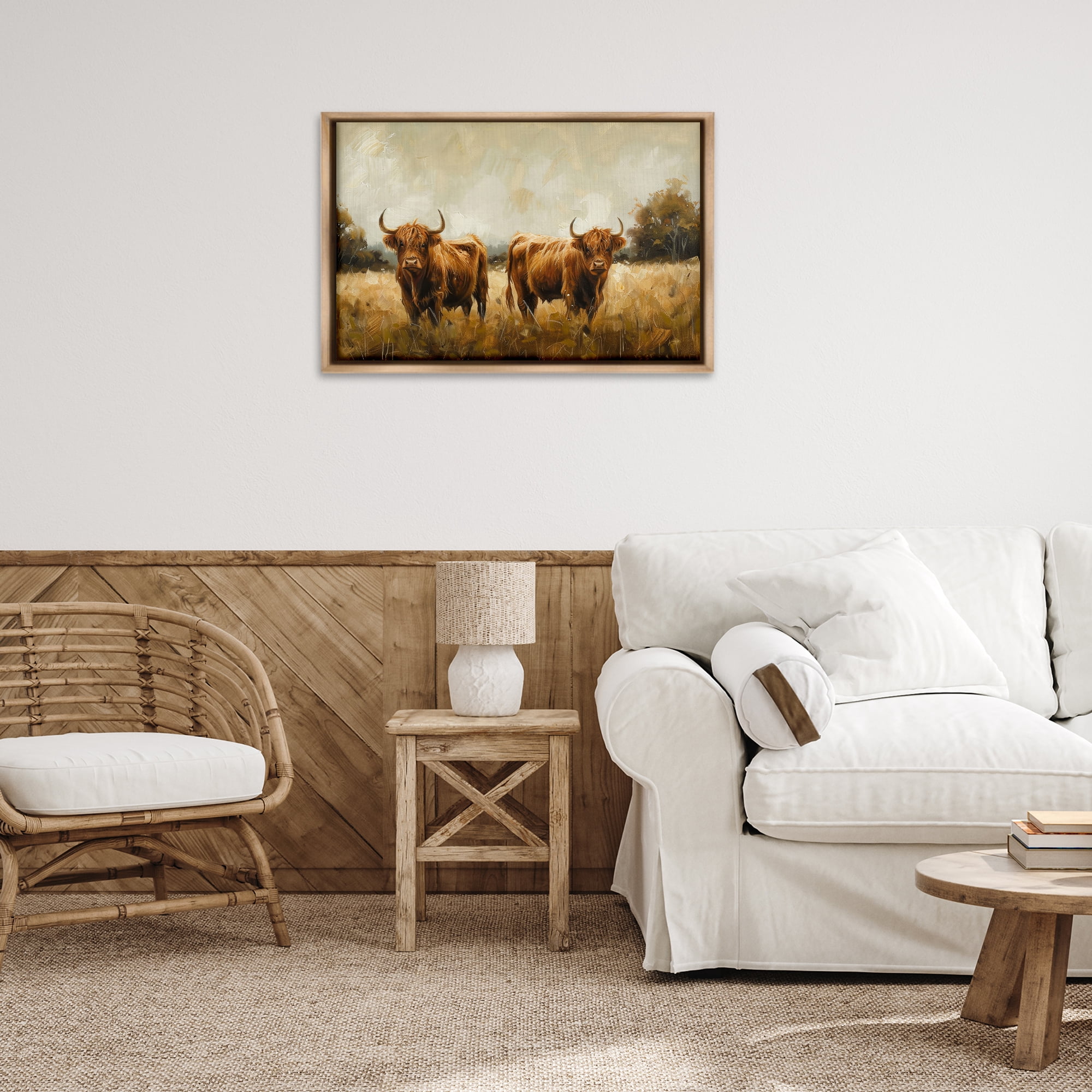 Stupell Industries Couple of Cows Animals & Insects Painting Brown Floater Framed Canvas Art Print Wall Art, 31 x 21