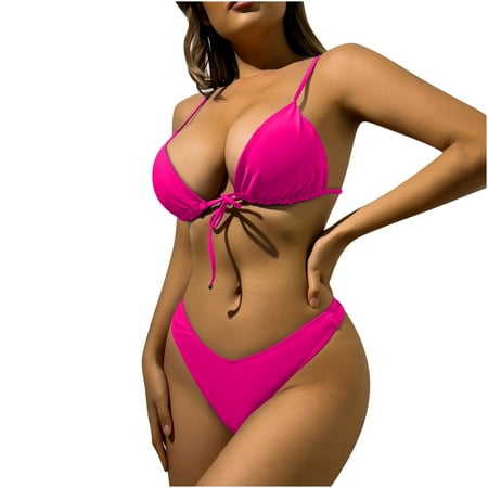 Women s Trendy Triangle Adjustable Straps Push-Up Padded Underwire Gathered High Waist Cheeky Brazilian Thong Bikini Swimsuit Two Piece Bathing Suits Hot Pink M