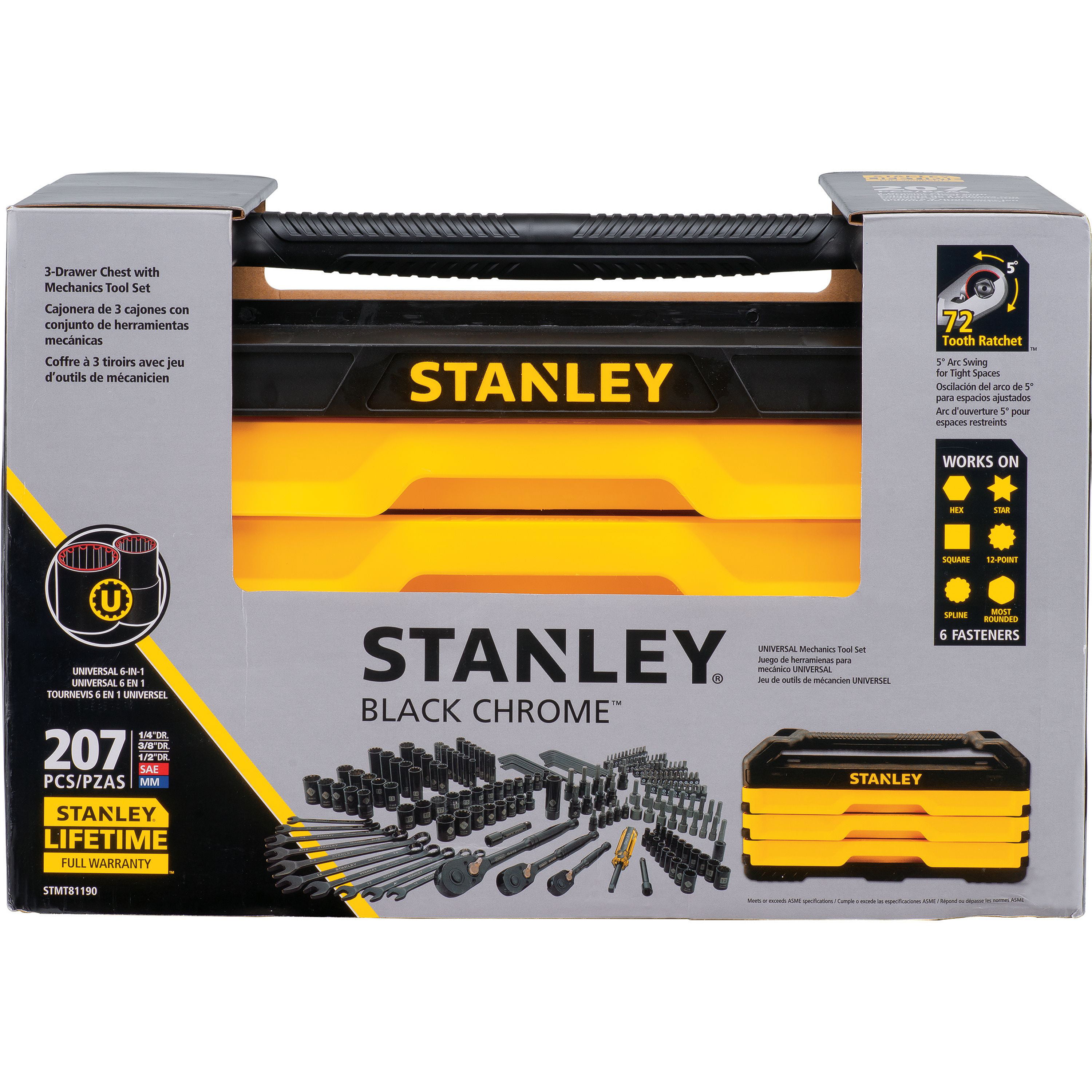Stanley 207 Pcs Mechanics Tool Set Universal SAE Metric Ratchet Socket Kit Case 