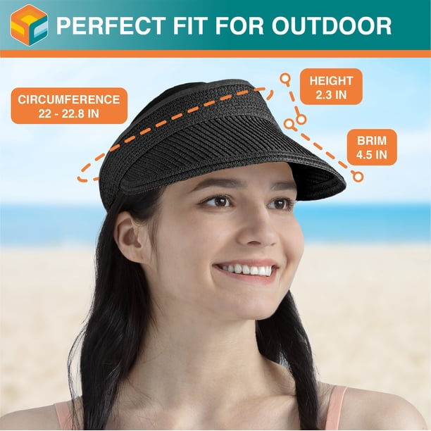 Women\'s Raffia Sun Visor Hat, Packable Wide Brim Beach Visor Ponytail Hat UV SUN CUBE Women Straw Visor Hat, Wide Brim Sun Visor for  main image 2