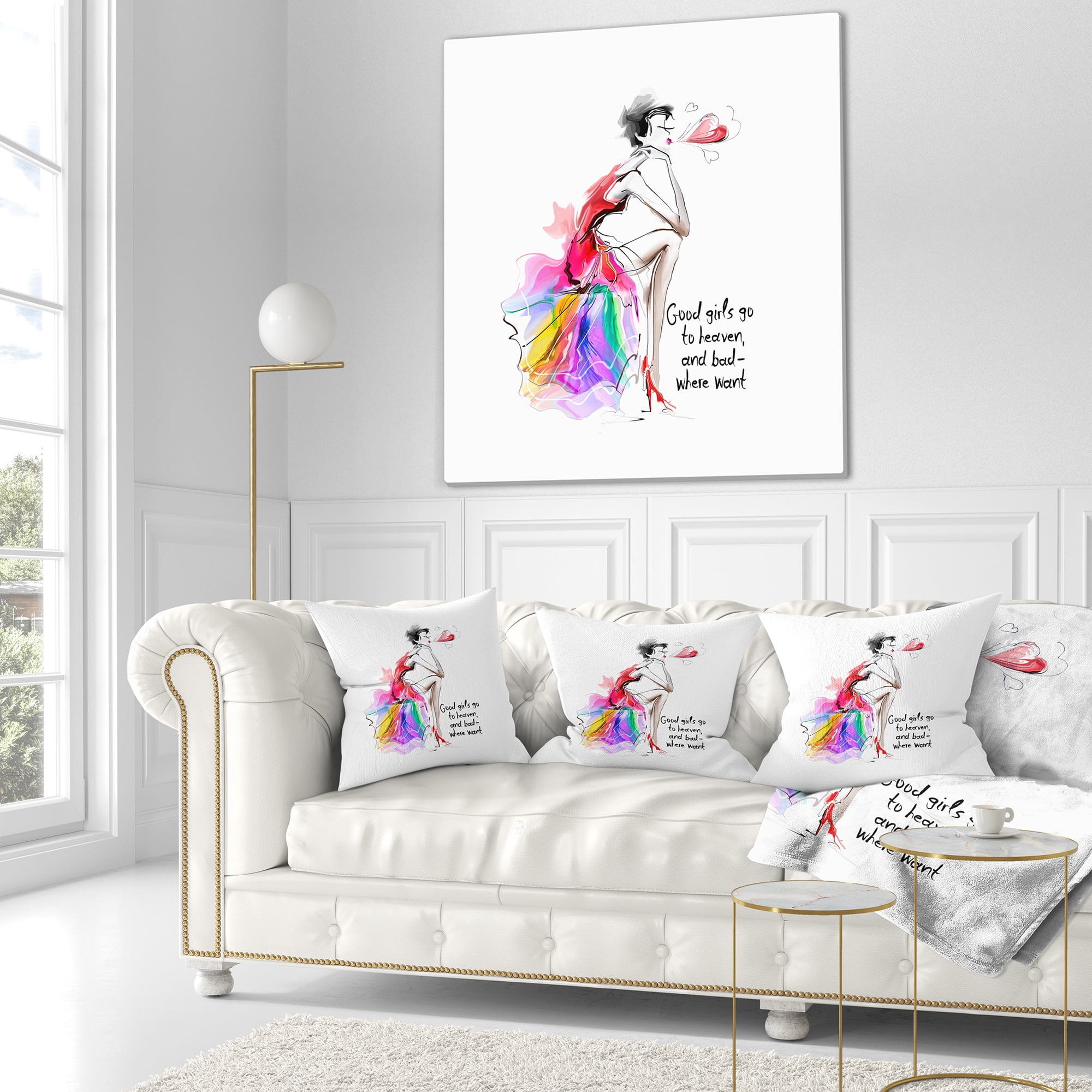 Designart Pretty Fashion Girl Pink - Abstract Portrait Throw Pillow - 18x18