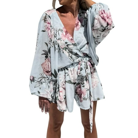 

Womens Sexy V Neck Floral Tie Rompers Boho Summer Short Sleeve Cut Out Short Jumpsuits Playsuits jumpsuits for women long sleeve