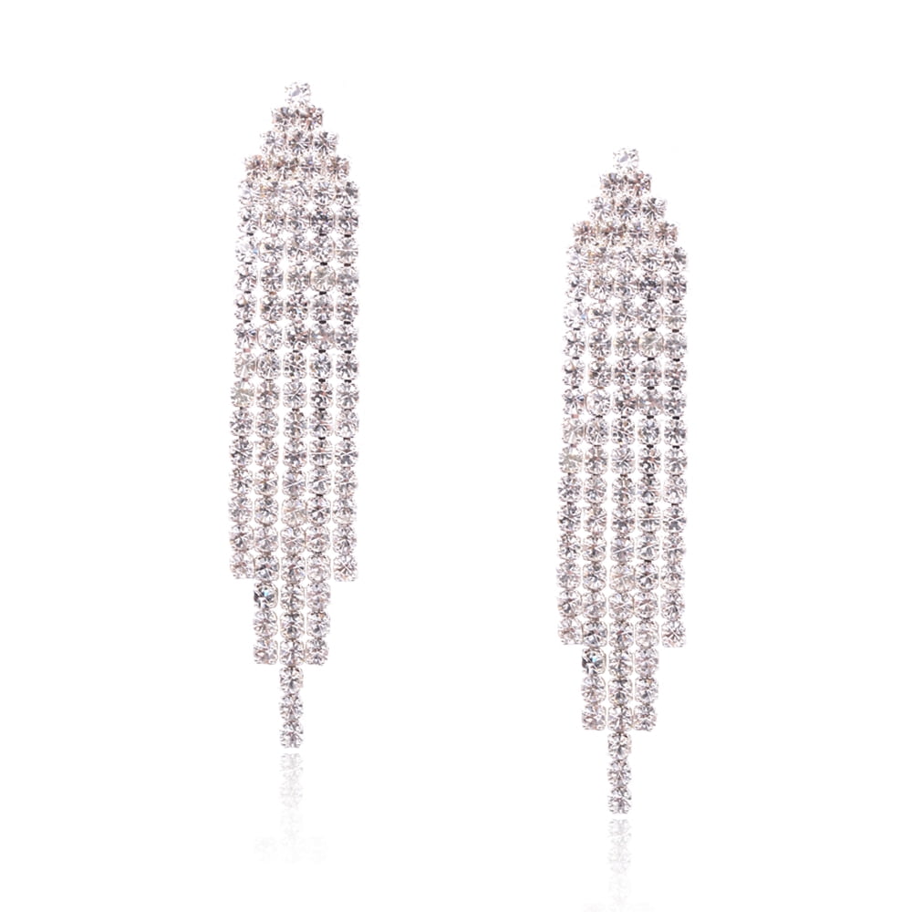 Silver Triangle Earrings With Crystal