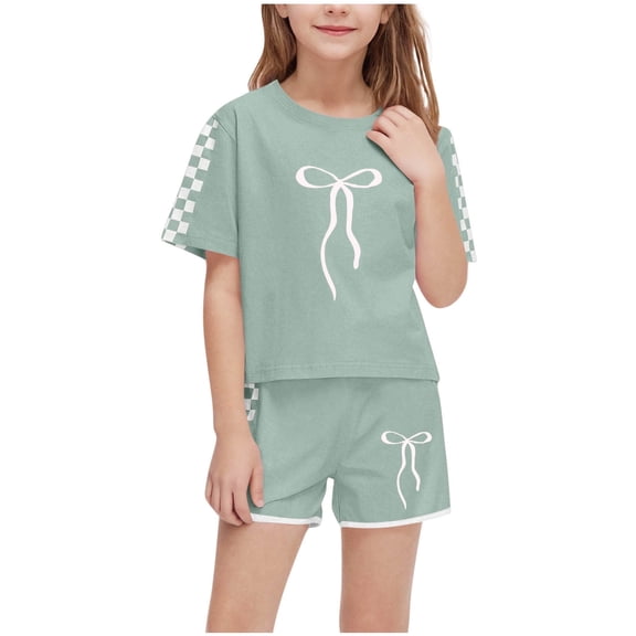 Kids Girls Clothes on Clea-rance,Summer Butterfly Bow Plaid T-Shirt Tops and Elastic Shorts Pants Casual Outfits Set,Army Green,Size 5 T