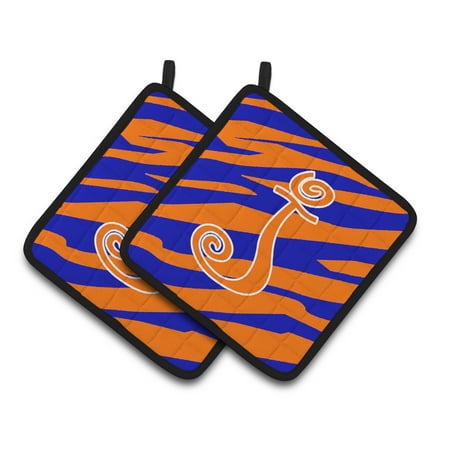 

Carolines Treasures CJ1036-JPTHD Letter J Initial Tiger Stripe Blue and Orange Pair of Pot Holders 7.5HX7.5W
