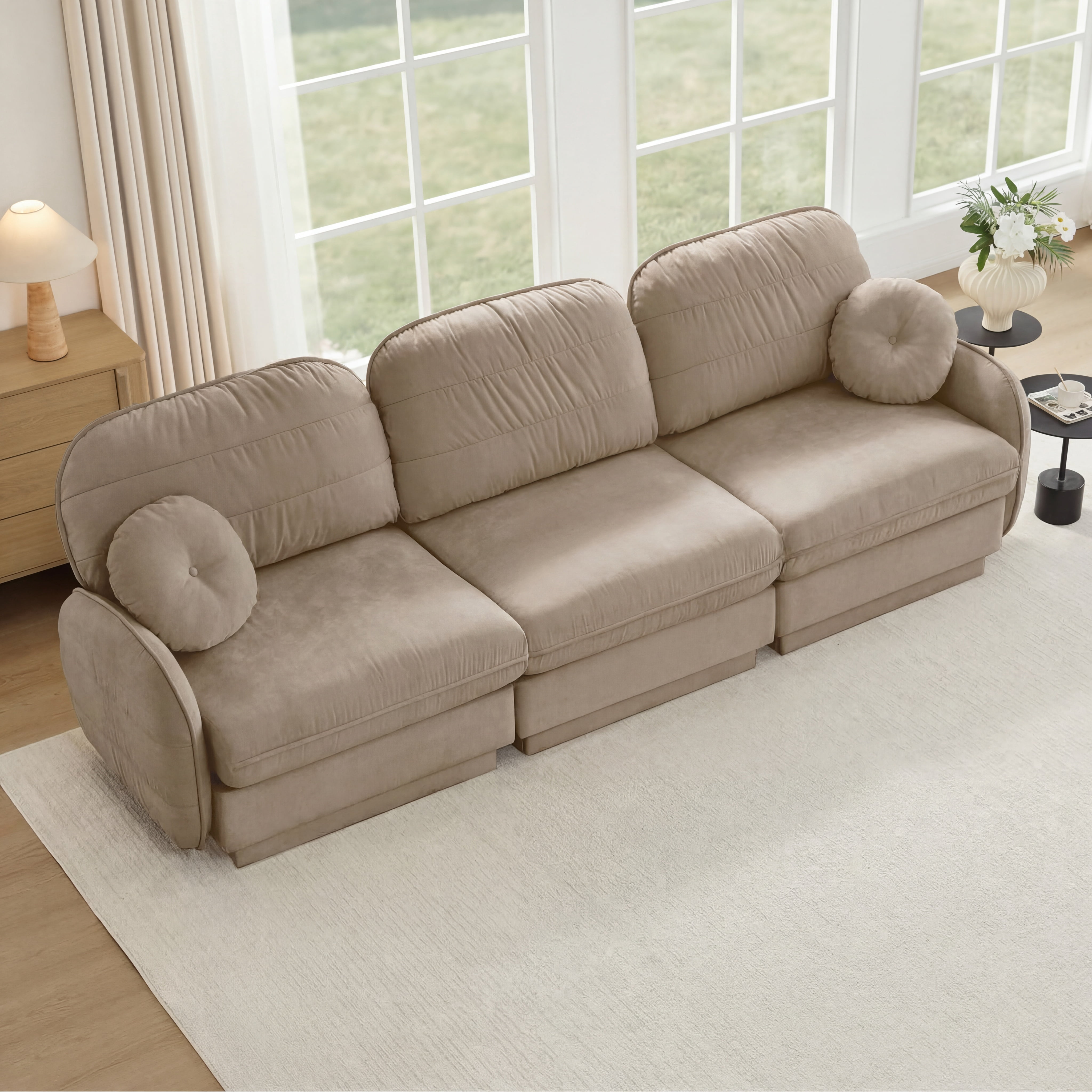 Mintazer 105" Chenille Cloud 3-Seater Modular Sectional Sofa with 2 Round Pillows, Easy Assembly Ergonomic Sofa Couch for Living Room, Apartment, Light Coffee