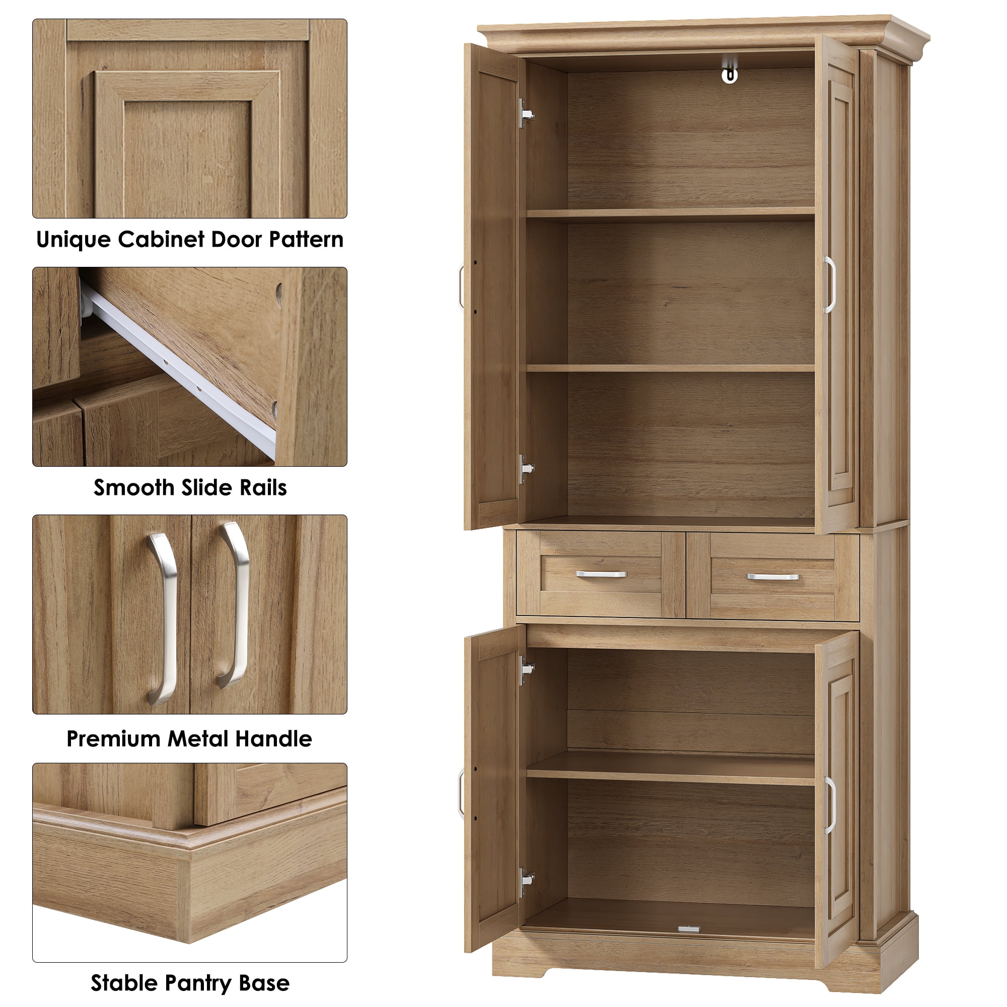 Homfa 70.9'' Tall Kitchen Pantry with 4 Doors, 2 Drawer Modern Freestanding Storage Cabinet for Dining Room Living Room, Nature Wood
