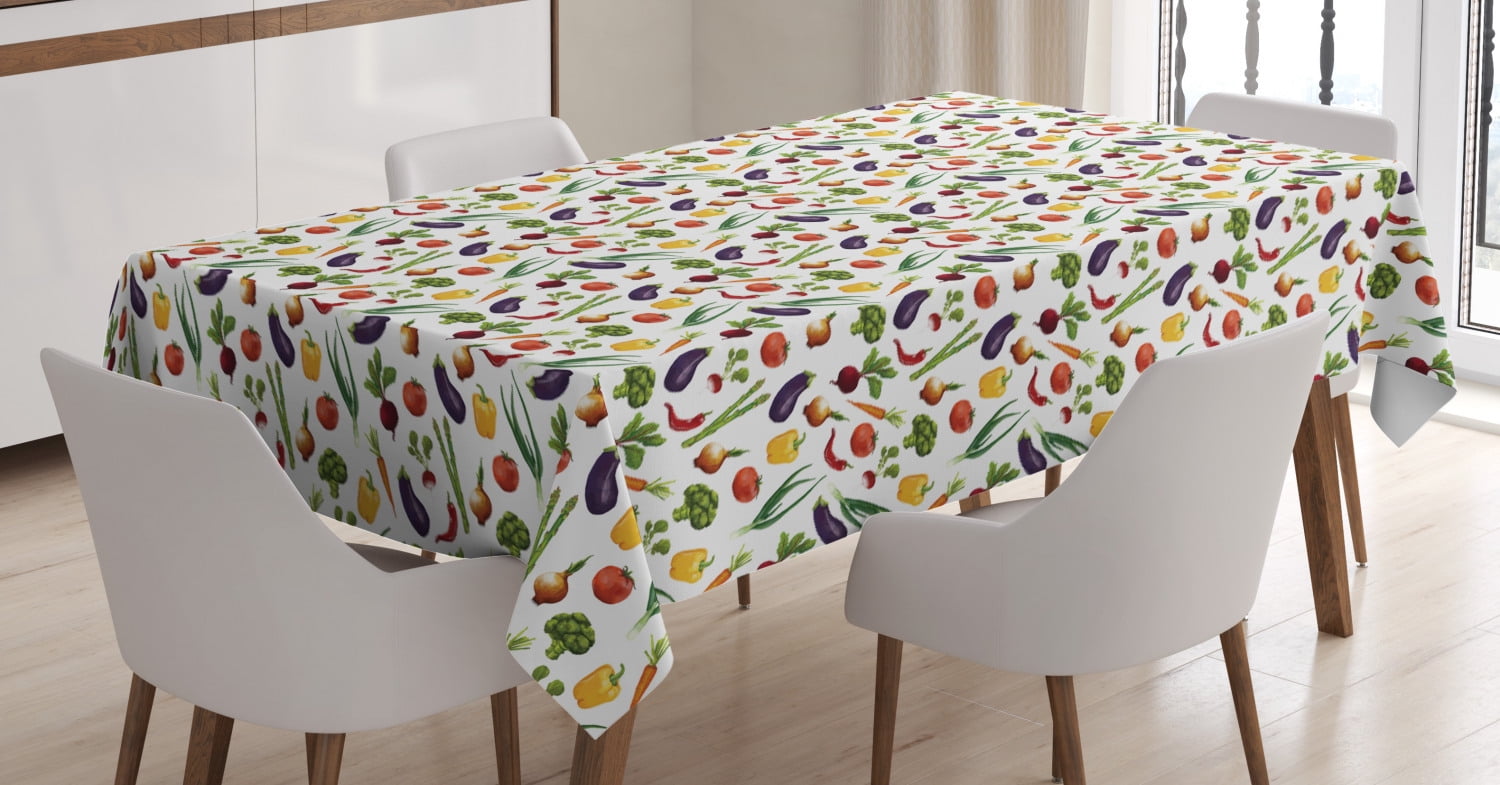 Vegetable Art Tablecloth, Watercolor Style Food Spring Onions Eggplant and Radish Repeating
