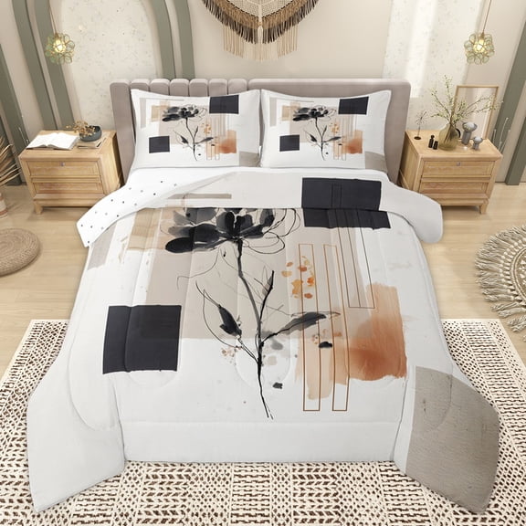 Homewish Watercolor Rose Women Bedding Comforter Set, Square Rectangle Abstract Twin Comforter Sets, Modern Fashion Ink Reversible Bedding Set, Lightweight Room Decor, 2pcs