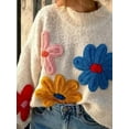 thumbnail image 4 of Women'S Long Puff Sleeve Sweaters Casual Crewneck Ribbed Knit Flower Color Block Loose Pullover Tops White S, 4 of 5