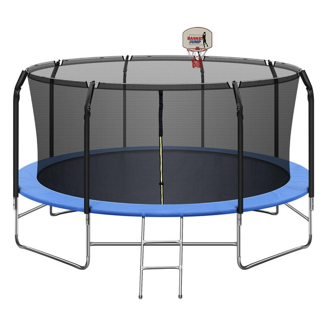 14FT Trampoline for Kids/Adults, 800lbs Load Recreational Outdoor Trampoline with Basketball Hoop, Safety Enclosure Net ,Waterproof Mat and Ladder, Outdoor Backyard Trampolines