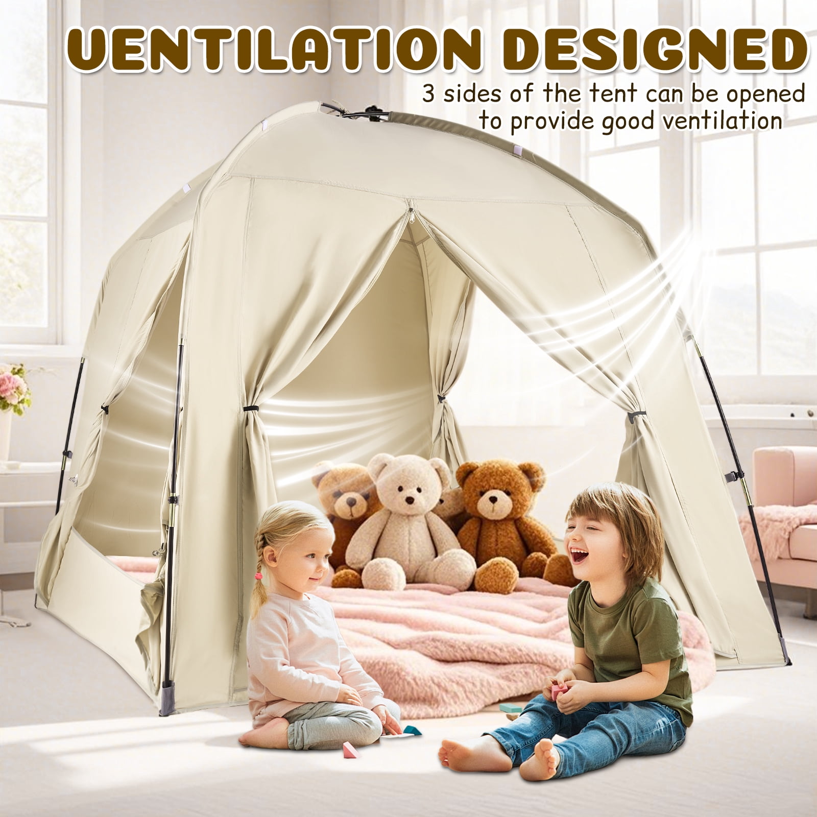 Bed Tents for Kids and Adult, Portable 100% Breathable and 85% Blackout Toddler Dream Play Tent, 3 Doors Privacy Space Sleeping Canopy for Indoor Floor or Twin Full Queen Sizes Bed (Khaki, Full-Size)