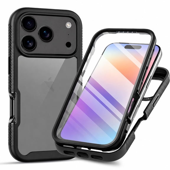 ShellTech Shock-Absorbent Case for iPhone 17 Pro, Hybrid TPU Front Frame PC Clear Back Full-Body Protection with Built-in Screen Protector, Slim Dustproof Anti-Scratch Phone Cover,Black