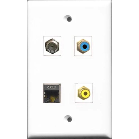 RiteAV 1 Port RCA Yellow and 1 Port RCA Blue and 1 Port Coax Cable TV- F-Type and 1 Port Shielded Cat6 Ethernet Wall Plate