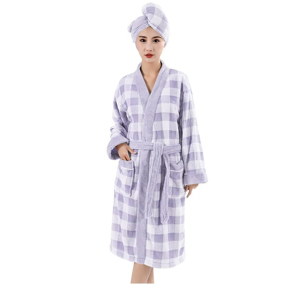 Tnhcen Women's Winter Fluffy Plaid Bathrobe - Adjustable Tie Pocket Robe with Free Cap Quick Dry Loungewear Free Size