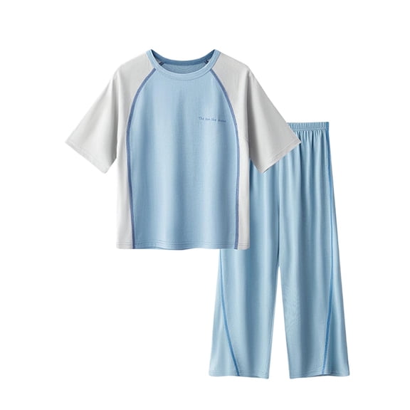 Cethrio Boys' Pajama Sets 2 Piece, Color Block Short Sleeve Casual Kids' Summer Sleepwear Blue Size 6