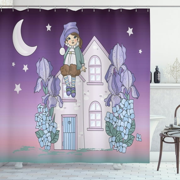 Cartoon Shower Curtain, Childish Scene with Dwarf Sits on House with Abstract Flowers at Night Stars Moon, Fabric Bathroom Set with Hooks, 69W X 84L Inches Extra Long, Multicolor, by Ambesonne