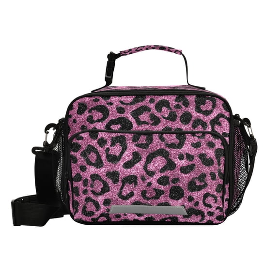 Insulated Lunch Bag 6L Leak-Proof Lunch Box with Shoulder Strap Multiple Pockets Lunch Tote Pink Glitter Cheetah Print