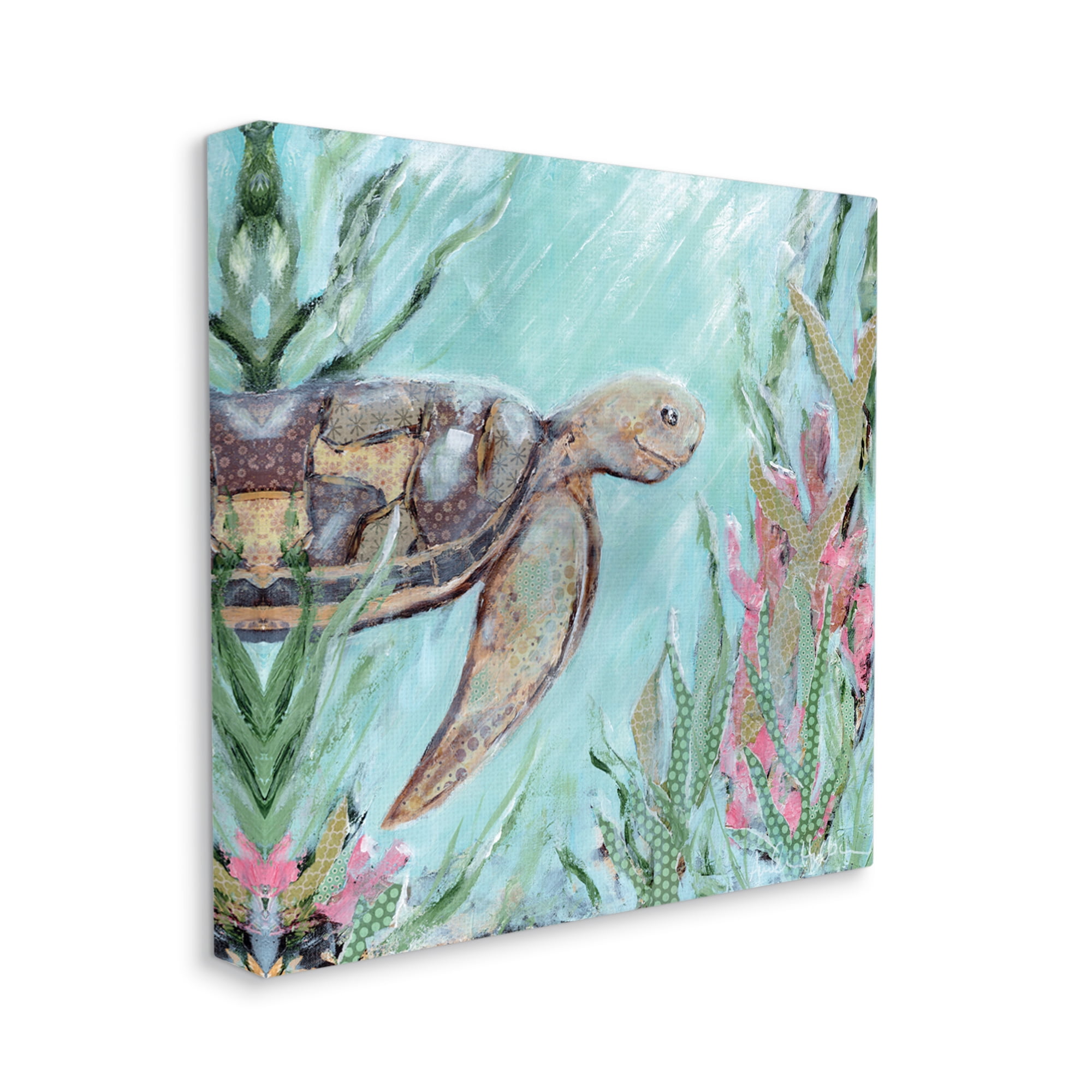 Stupell Underwater Sea Turtle Swimming Coral Landscape Painting Gallery Wrapped Canvas Print Wall Art