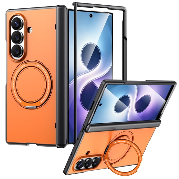 For Samsung Galaxy Z Fold8 Phone Case,With 360°Rotatable Invisible Magnetic O-Ring Kickstand,Compatible with Mag-Safe,Heavy Duty Shockproof Protection Anti-Scratch Rugged Slim Phone Case,Orange