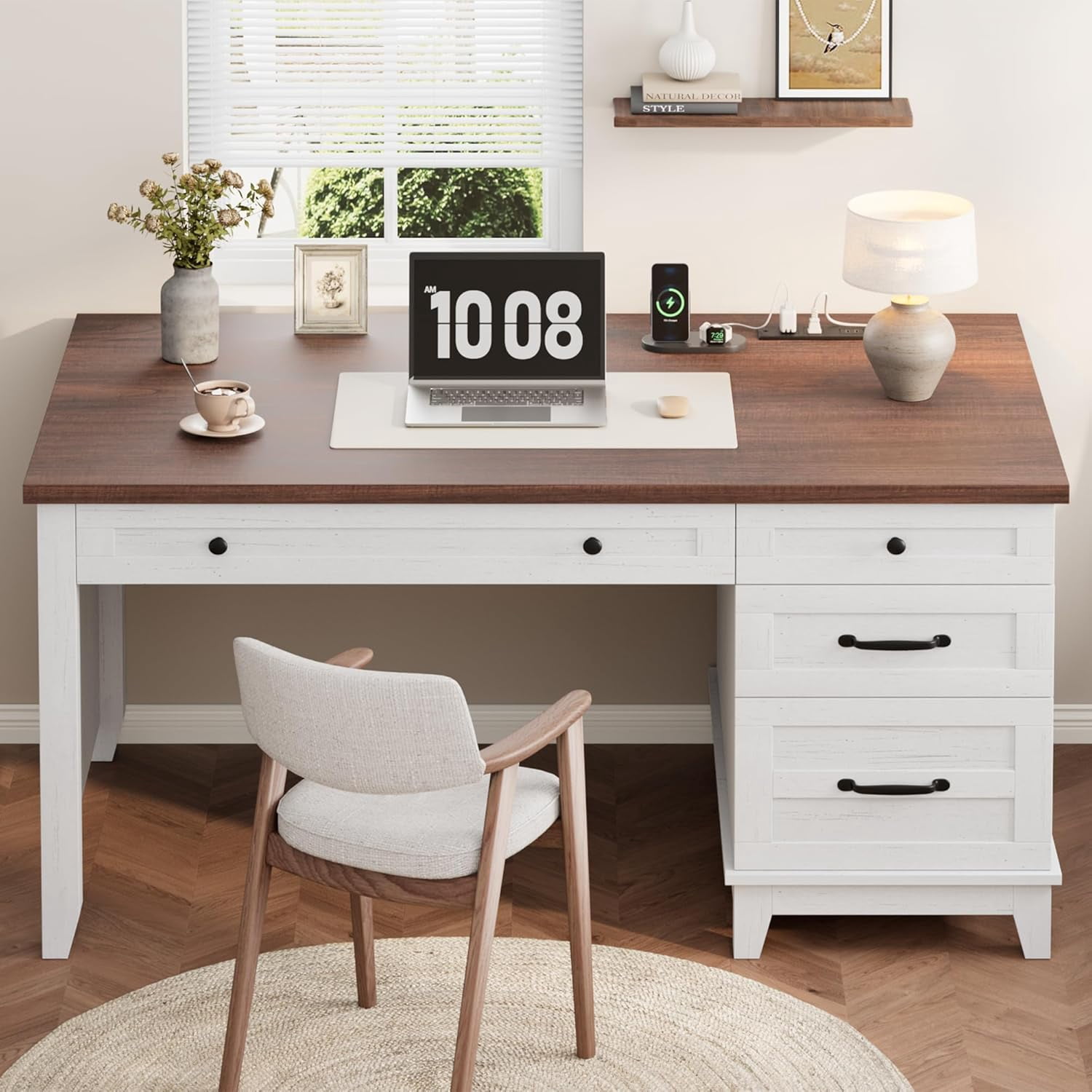M optimized Wood Executive Desk with Power Outlet, Home Office Desk with Drawers, Work Desk with File Cabinet, Computer Desk for Work, Study, Writing