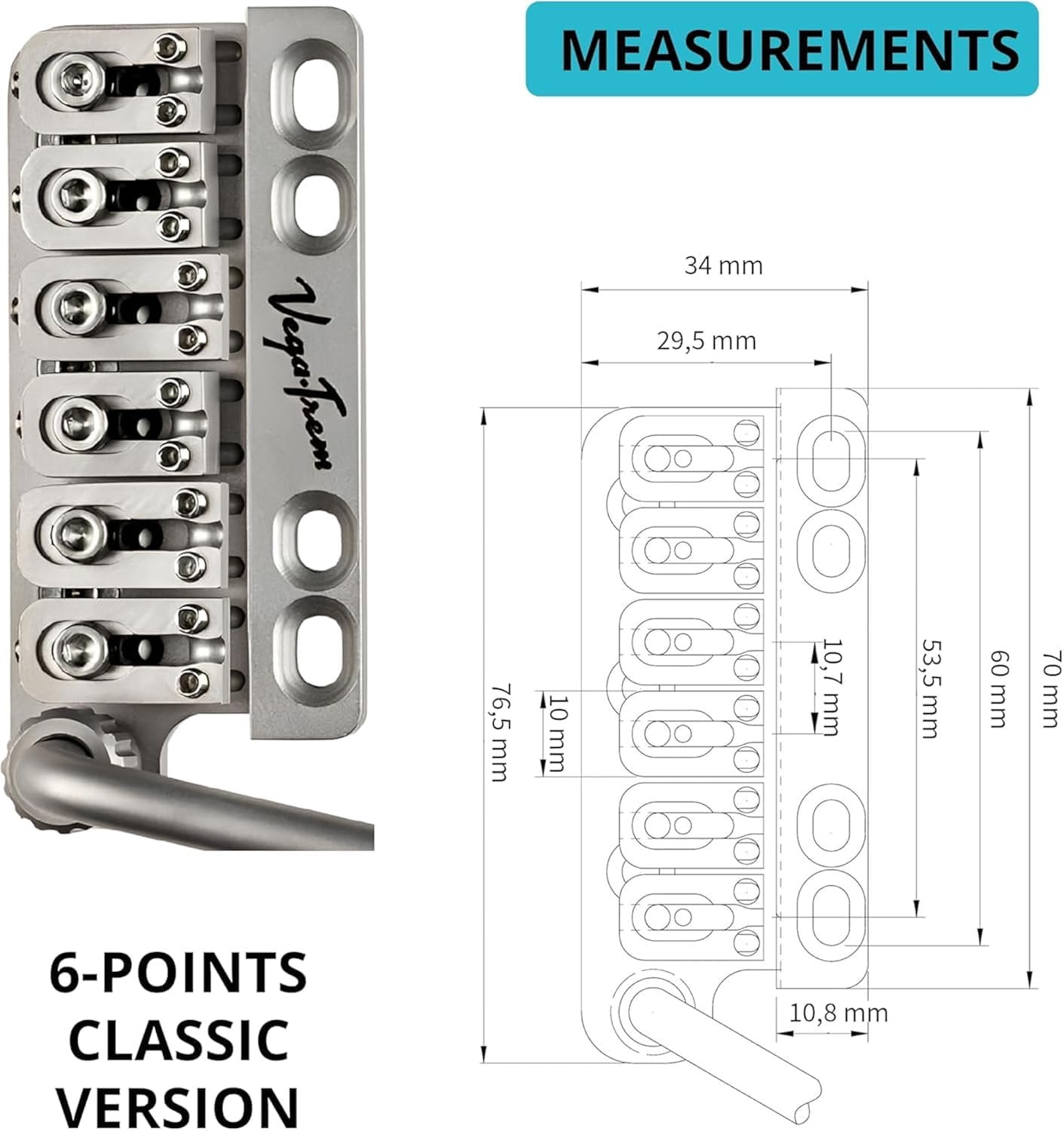 Vega-Trem VT1 Special Standard 6-Screw Stratocaster Guitar Tremolo Bridge For Strat No Mods Easy Installation Satin, Right