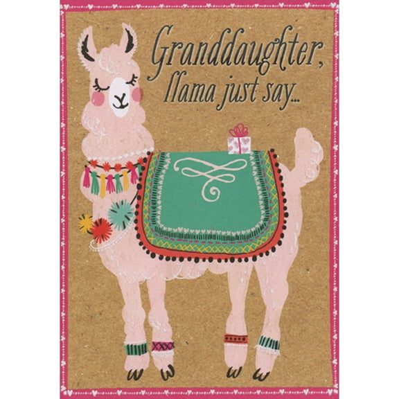 Designer Greetings Llama Just Say: Llama with Blue Mat and Small Gift Juvenile Valentine's Day Card for Young Granddaughter