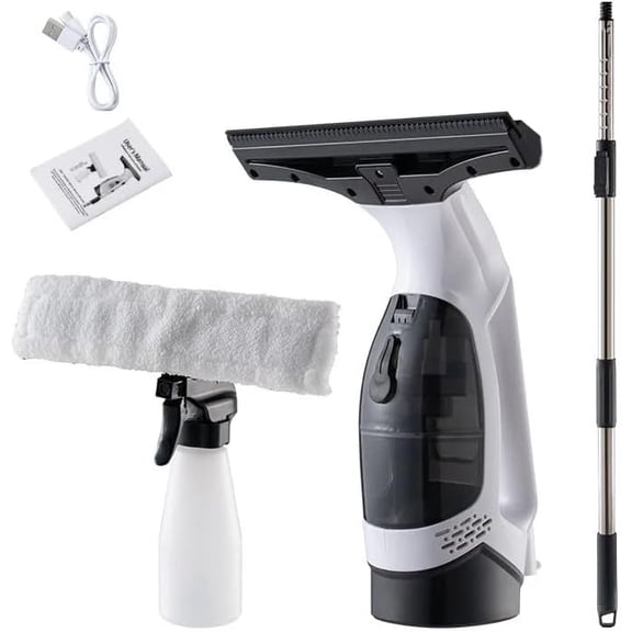 Electric Window Vacuum Cleaner with Extension Rod, Cordless Window Vacuum Squeegee with Water Collection Tank & Microfiber Cloth, for Showers Mirrors Glass Countertops (White)