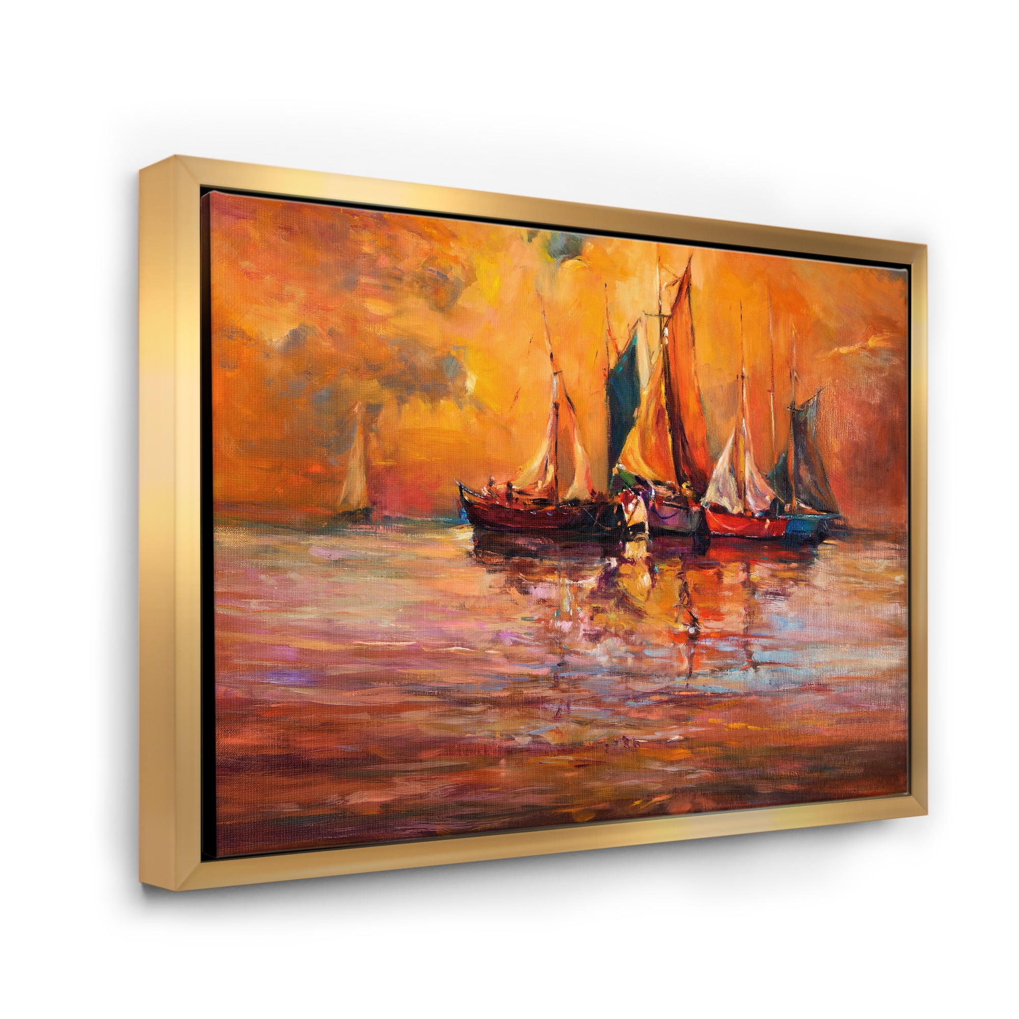 Designart 'Boats During Evening Sunset In The Ocean I' Nautical & Coastal Framed Canvas Wall Art Print