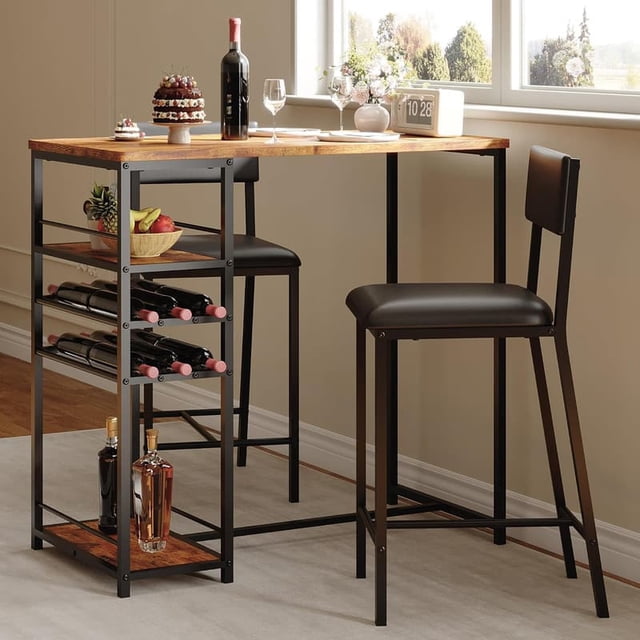 Bingirl Retro Handmade Wooden Dining Table Set: 2 Upholstered Chairs, Bistro with Storage Rack, Metal Frame, Ideal for Apartment Kitchens