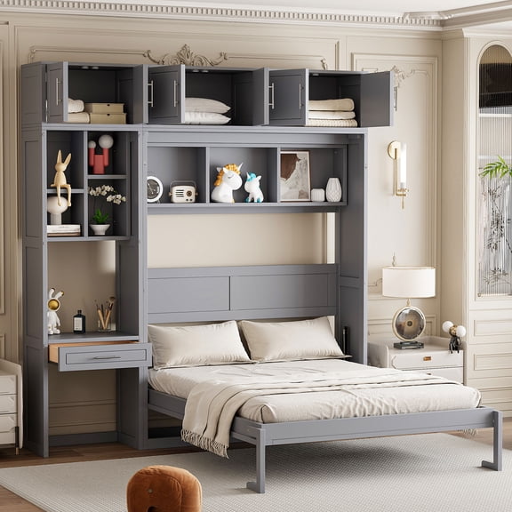 Queen Size Wall Murphy Bed with Desk, Top Cabinet and Storage Shelves, Space Saving Foldable Bed, Gray