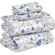 Ruvanti 100% Cotton Percale Sheets for Queen Size Bed - 16 inches Deep Pocket Perfect Fitting - Crisp & Cool - Smooth & Comfortable - Blue Floral (1 Flat, 1 Fitted & 2 Pillowcases)